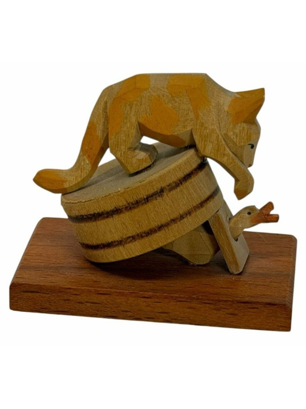 Vintage Erzgebirge Carved Wooden Cat w/ Goose/Duck Miniature Expertic Germany